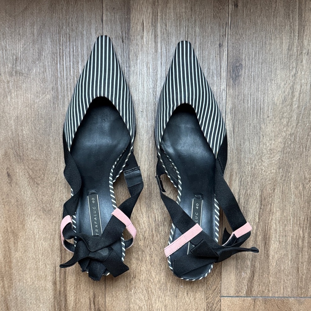 Zara Black and Pink Striped Kitten Heels